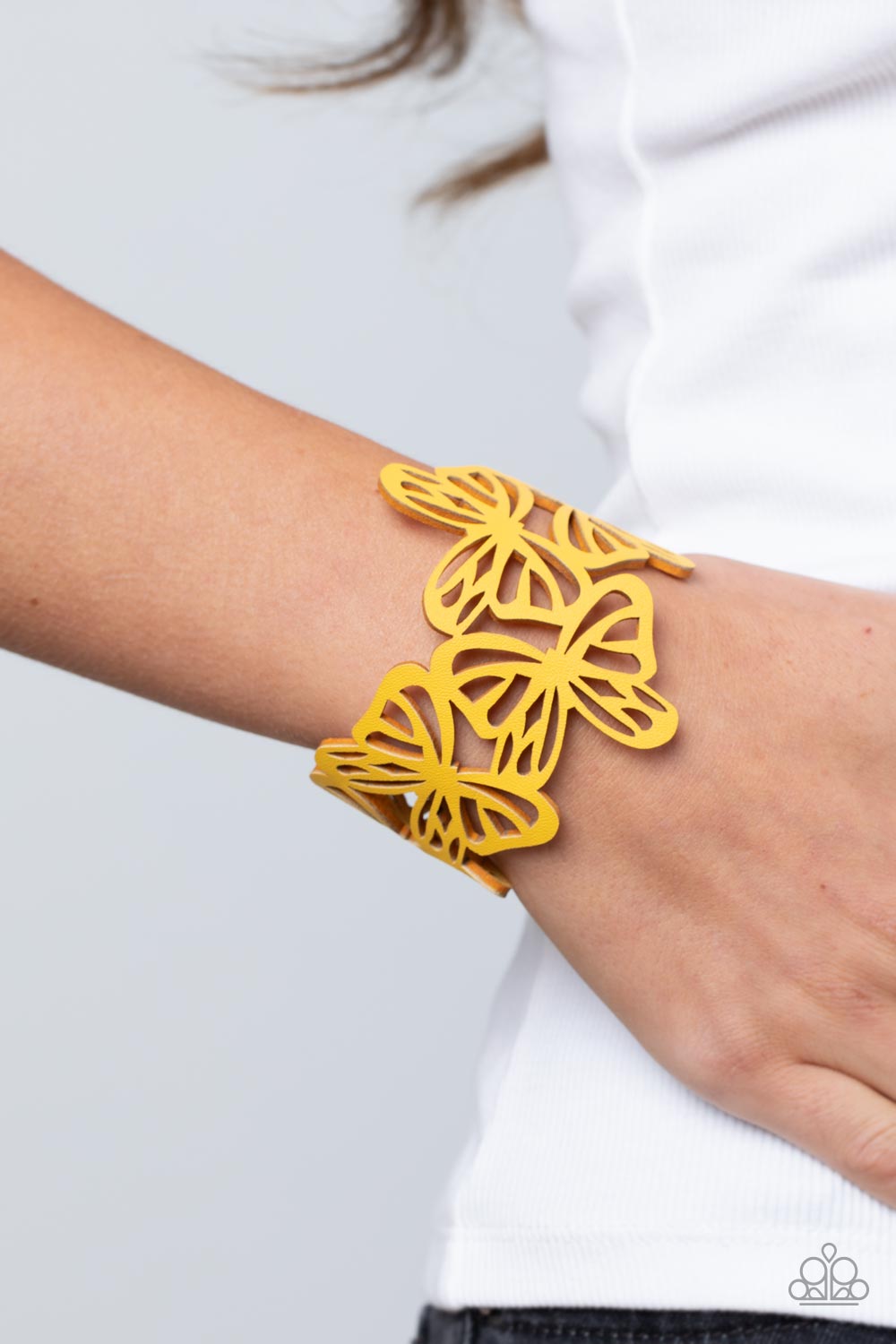 Butterfly Breeze - Yellow Leather Butterfly Snap Wrap Bracelet Paparazzi B0544