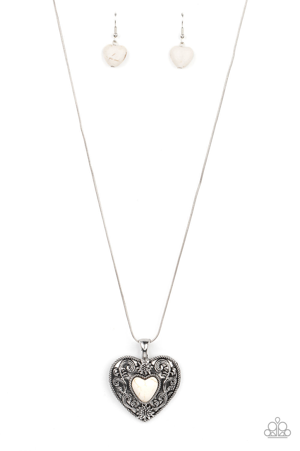 Wholeheartedly Whimsical - White Stone Santa Fe Style Silver Heart Necklace Paparazzi N0981