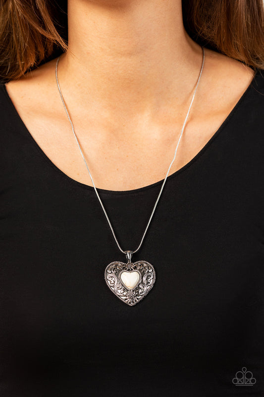 Wholeheartedly Whimsical - White Stone Santa Fe Style Silver Heart Necklace Paparazzi N0981