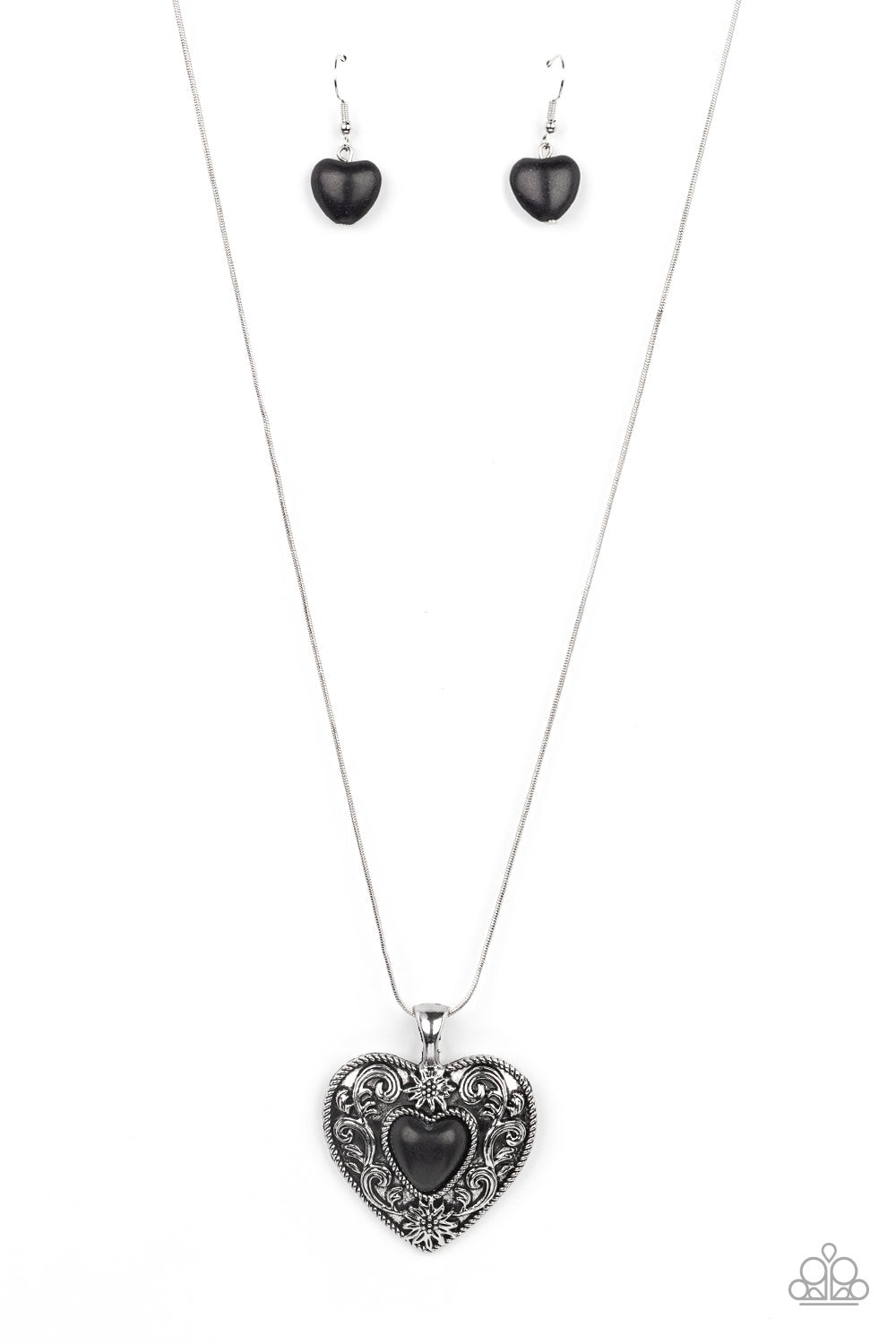 Wholeheartedly Whimsical - Black Stone Silver Heart Necklace Paparazzi N1059