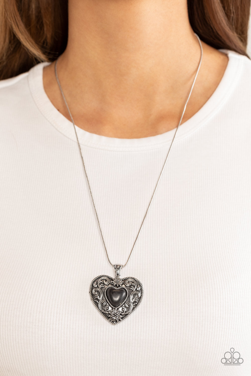 Wholeheartedly Whimsical - Black Stone Silver Heart Necklace Paparazzi N1059