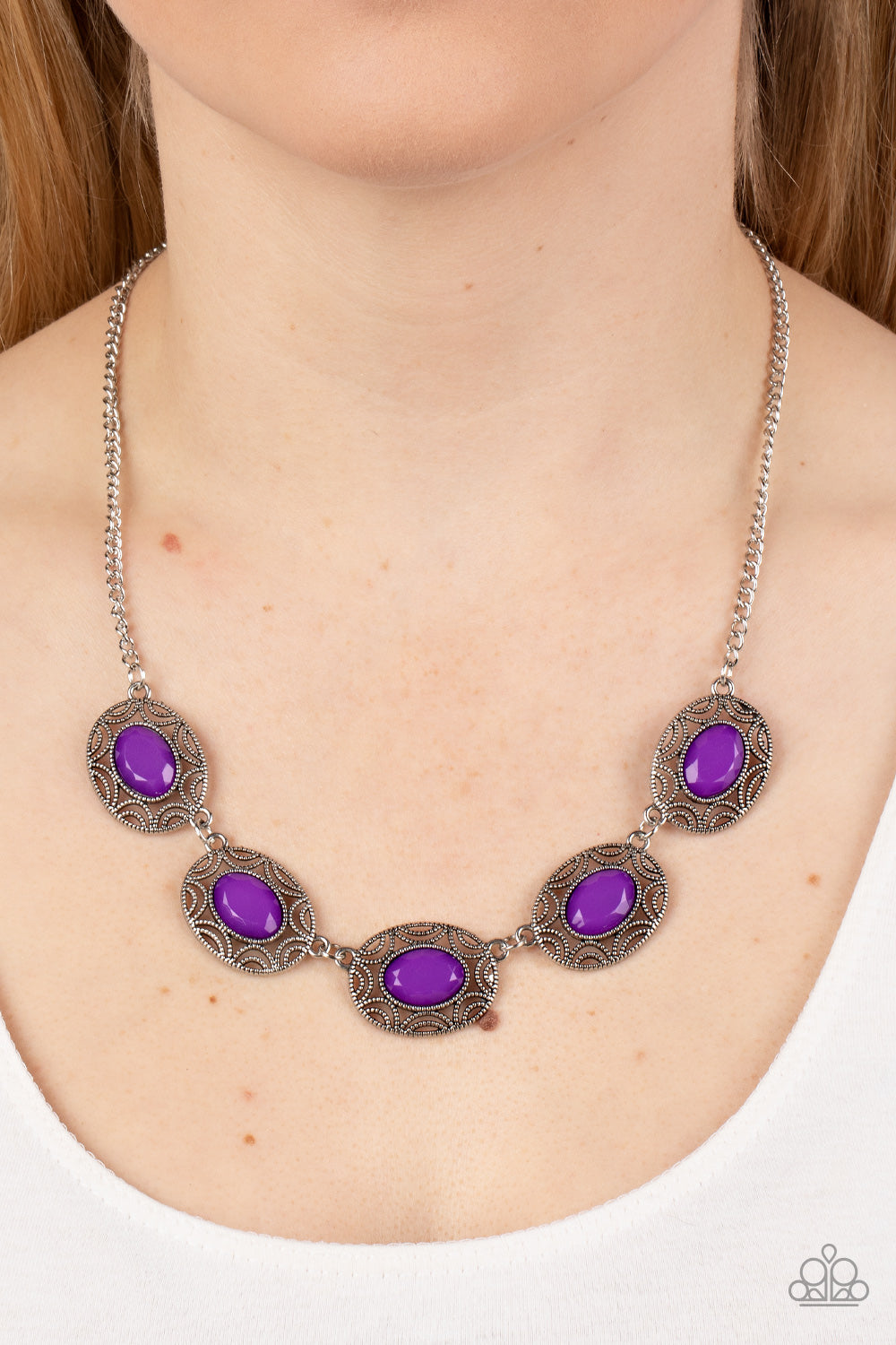 Sunshiny Shimmer - Purple Oval Filigree Frame Necklace Paparazzi N1478