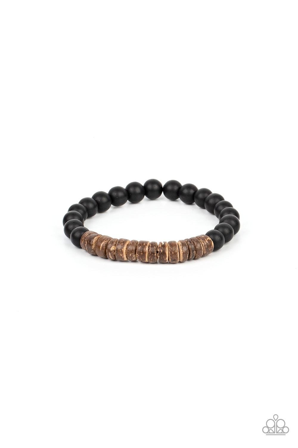 Recreational Remedy - Brown Wooden Disc & Black Lava Stone Bead Stretch Bracelet Paparazzi B0867