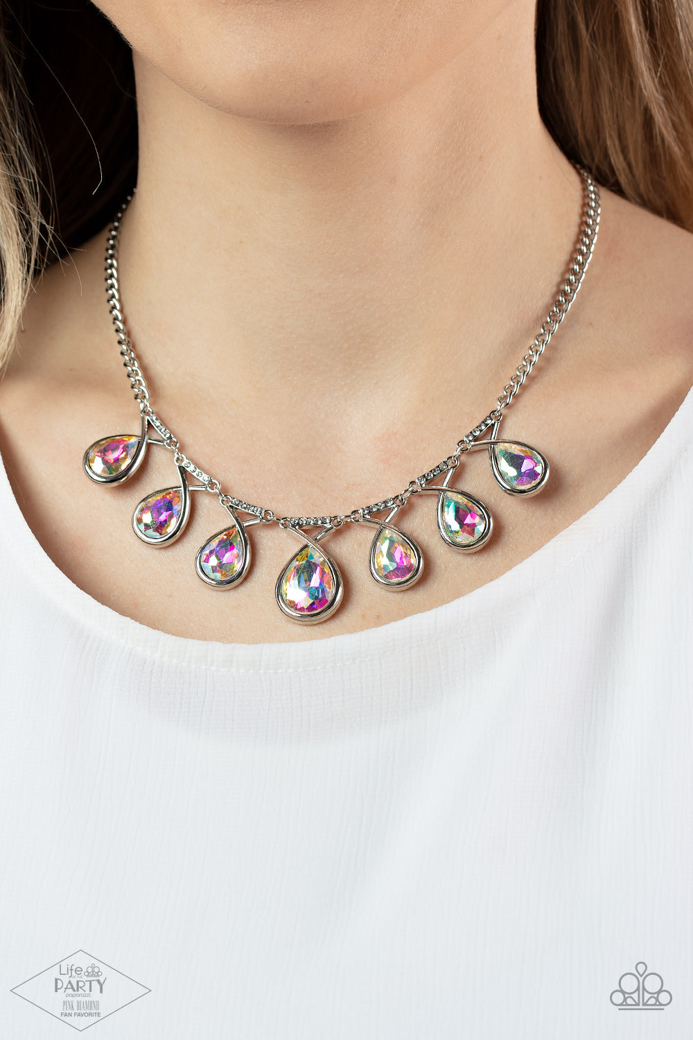 Love At Fierce Sight - Multi Iridescent Teardrop Gem Necklace Life Of The Party Pink Diamond Exclusive Paparazzi N1004