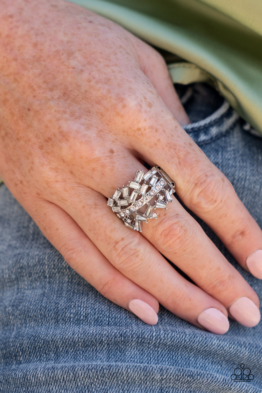 Scattered Sensation - White Rhinestone Ring Life Of The Party R0269