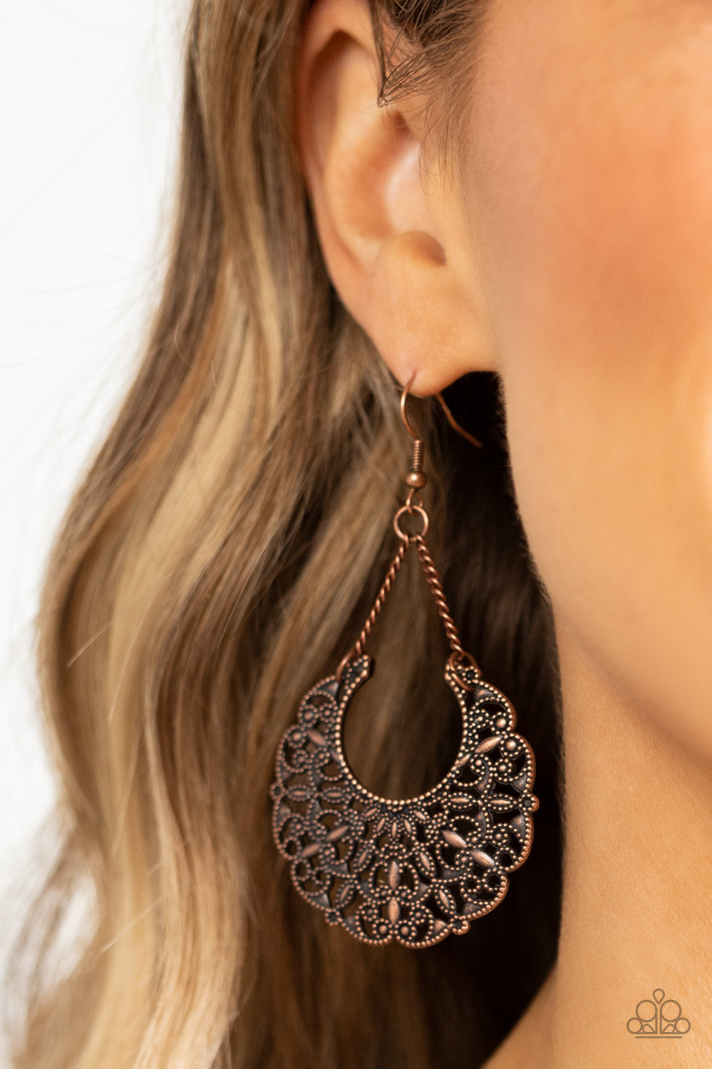 Country Cornucopia - Copper Half Moon Floral Earring Paparazzi E1346