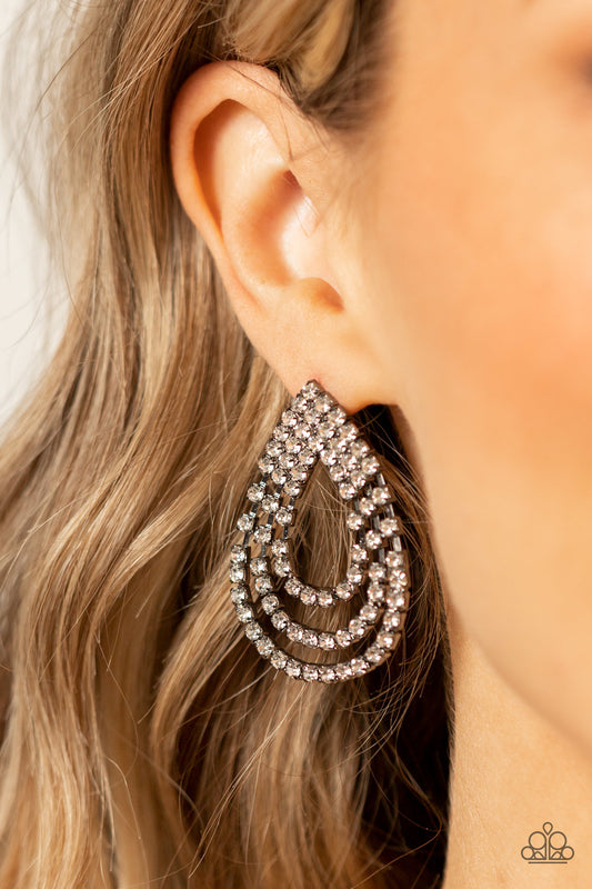 Take a POWER Stance - Black Gunmetal White Rhinestone Earring Paparazzi E0982