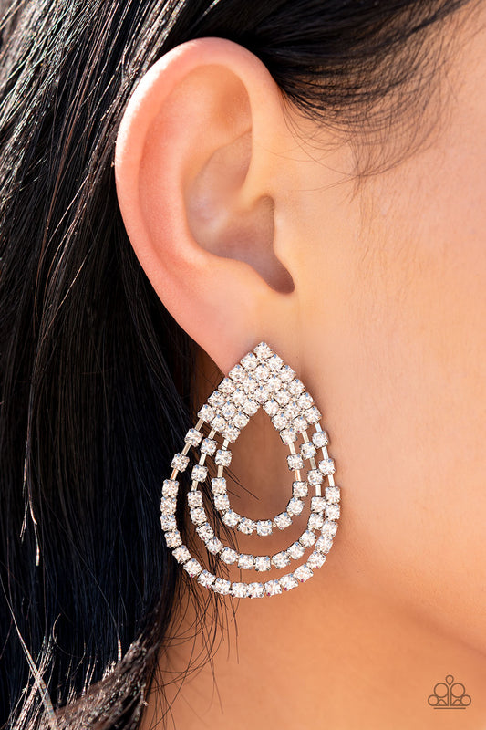 Take a POWER Stance - White Rhinestone Teardrop Earring Paparazzi E0867 Convention Exclusive