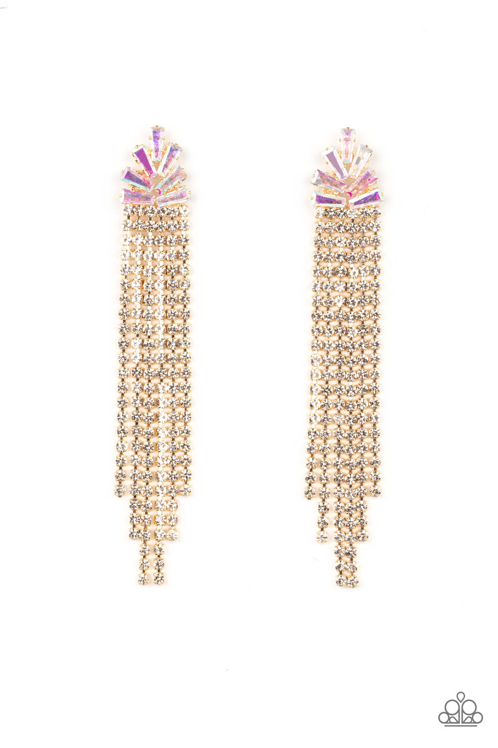 Overnight Sensation - Gold Frame, White & Iridescent Rhinestone Earring Paparazzi E1246