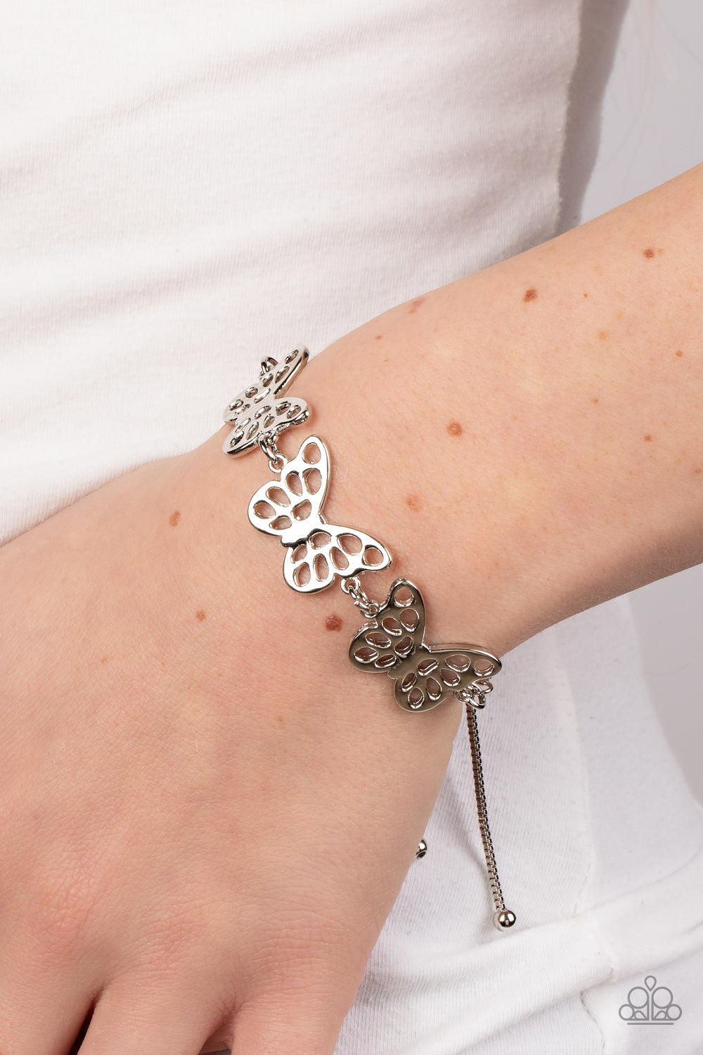 Put a WING on It - Silver Butterfly Bracelet Sliding Bead Closure Paparazzi B0623