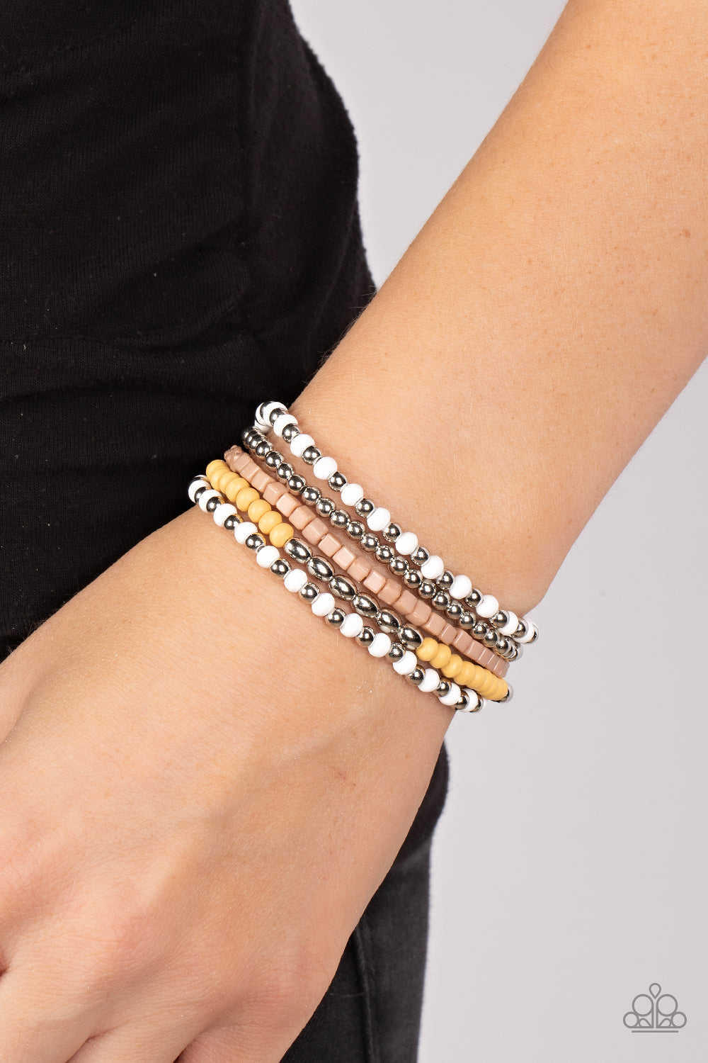 Adventure is Calling - Brown, White, Silver & Daffodil Stretch Bracelet Paparazzi B0953