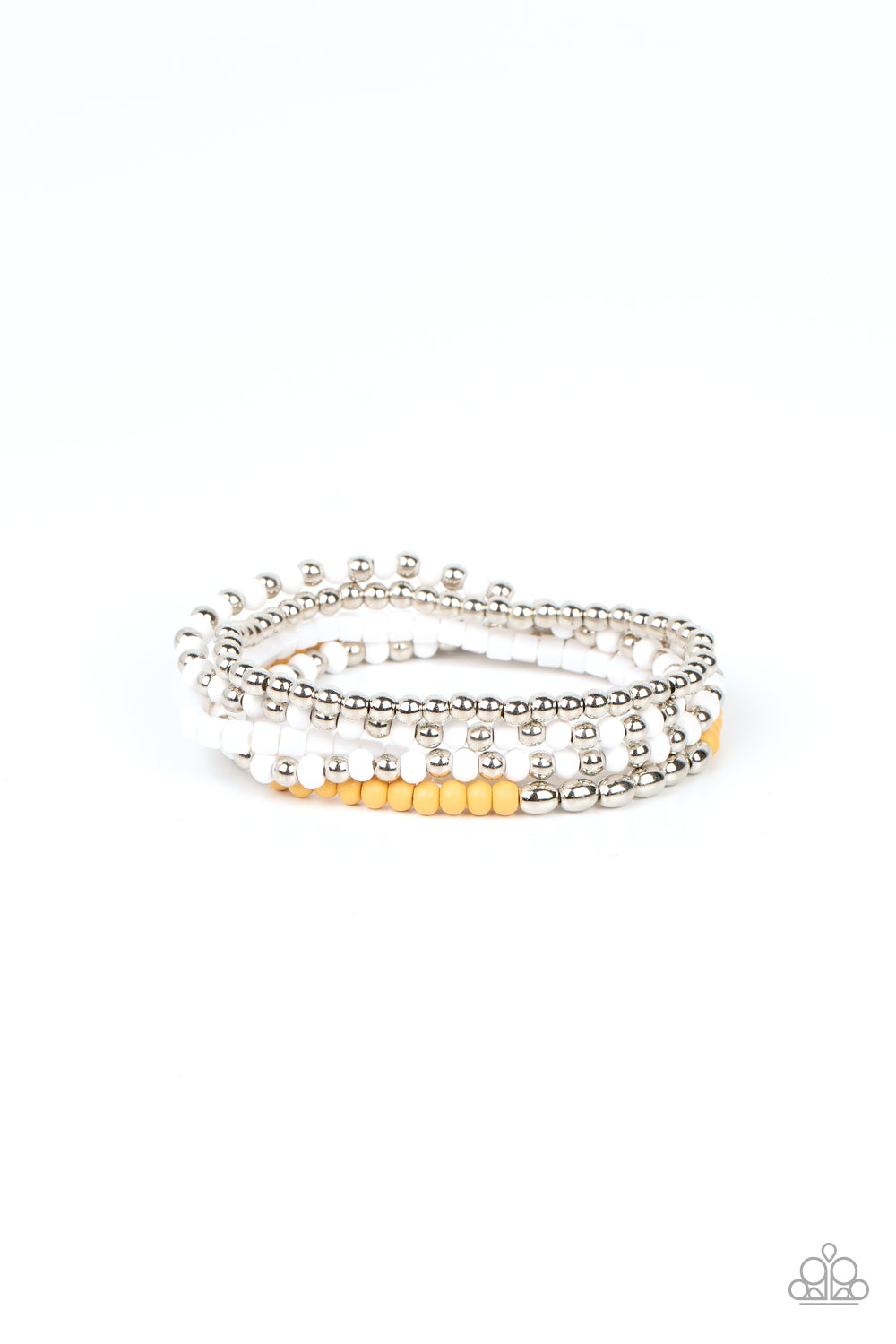 Adventure is Calling - White, Silver & Daffodil Yellow Stretch Bracelet Paparazzi B0449