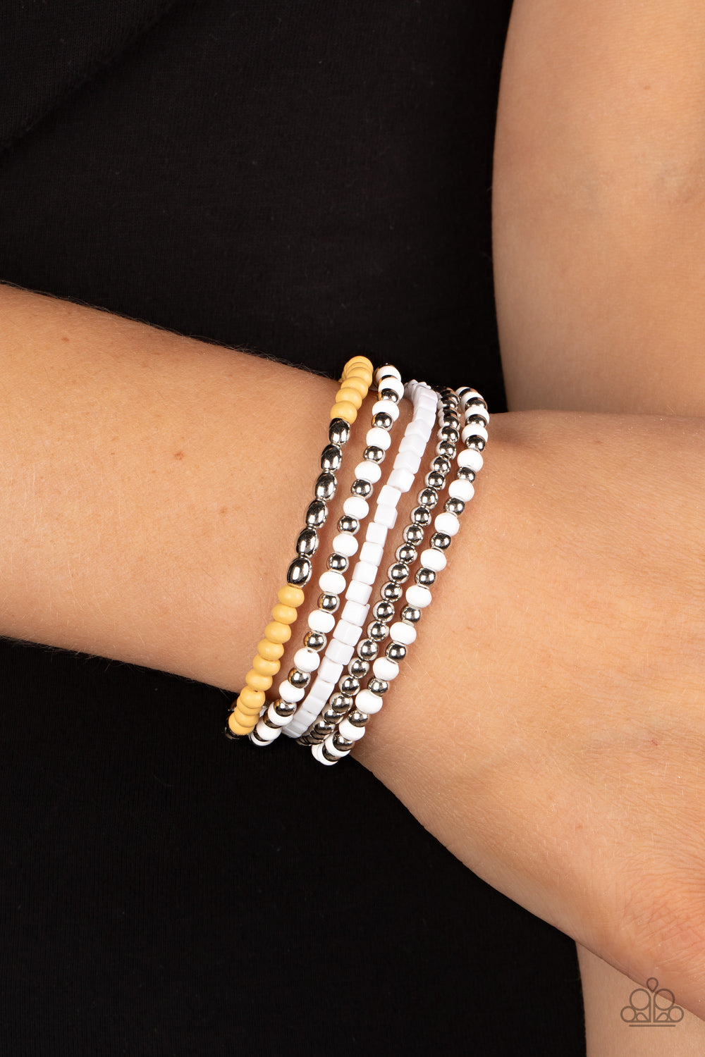 Adventure is Calling - White, Silver & Daffodil Yellow Stretch Bracelet Paparazzi B0449