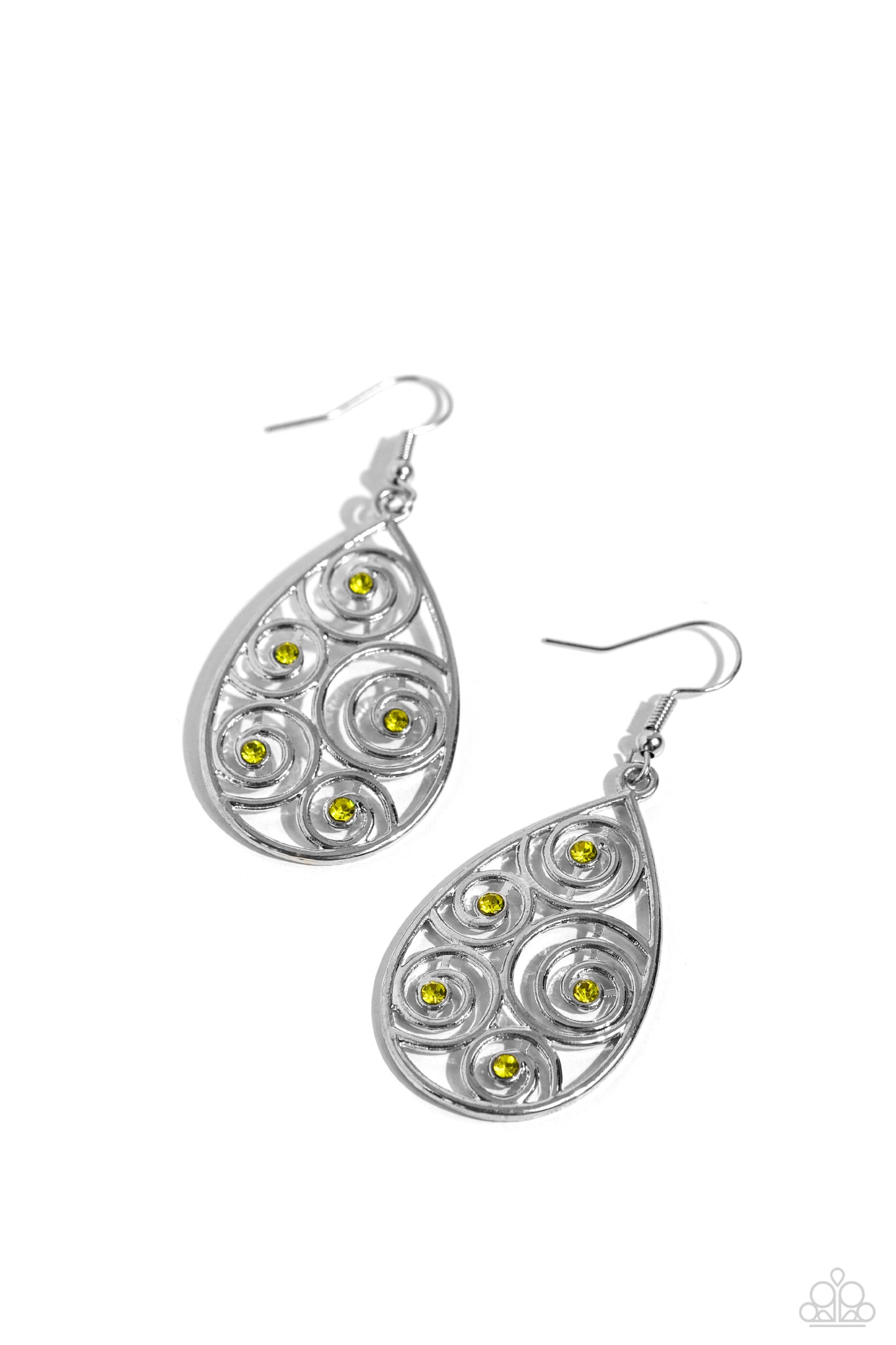 Billowy Bliss - Green Rhinestone Silver Teardrop Spiral Earring Paparazzi E1539