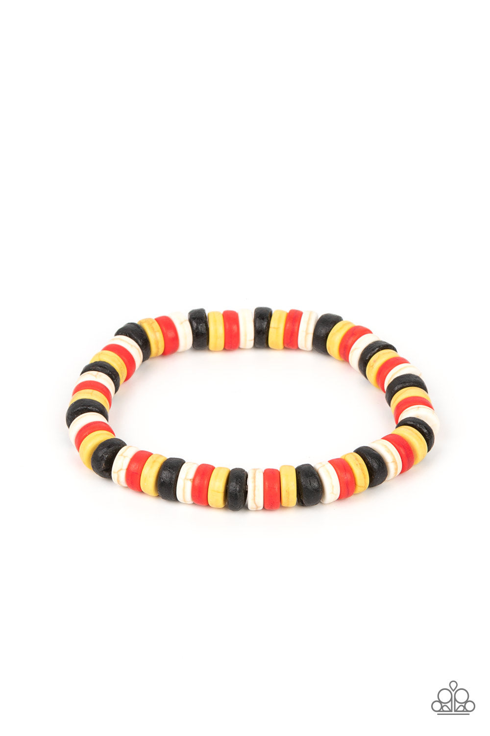 Rural Rocker - Red, Black, Yellow & White Stone Disc Stretch Bracelet Paparazzi B1032