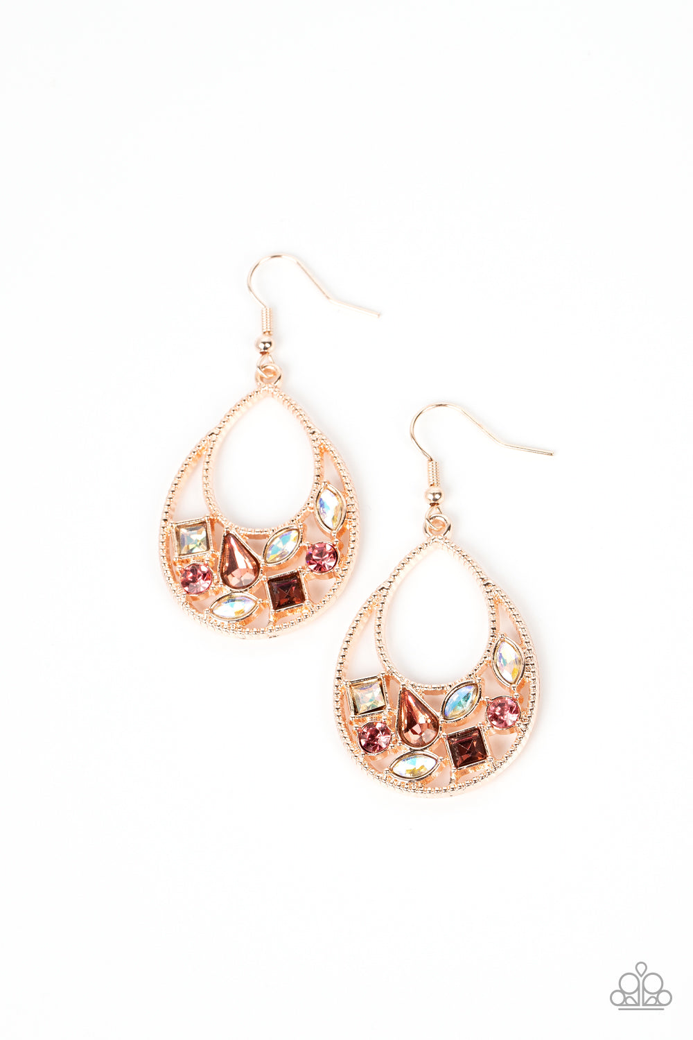 Regal Recreation - Rose Gold Pink & Iridescent Rhinestone Teardrop Earring Paparazzi E1434