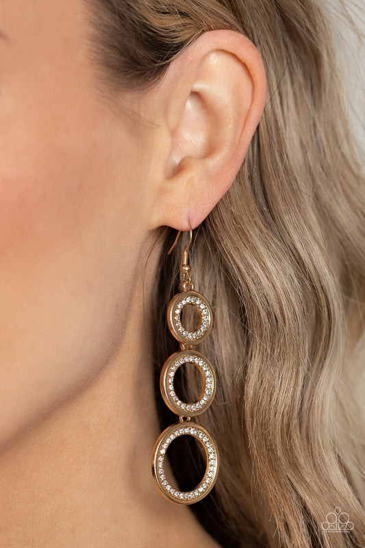 Shimmering in Circles - Gold Circles & White Rhinestone Earring Paparazzi E1720