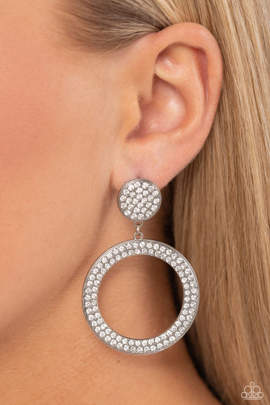 GLOW You Away - White Rhinestone Flat Silver Hoop Post Earring Paparazzi E1488