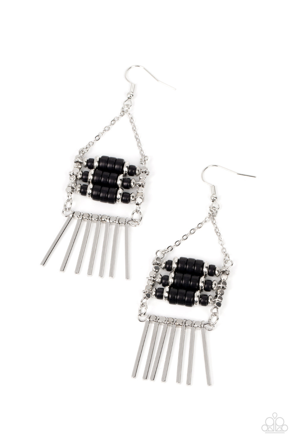 Tribal Tapestry - Black Stone Bead & Silver Earring Paparazzi E1249