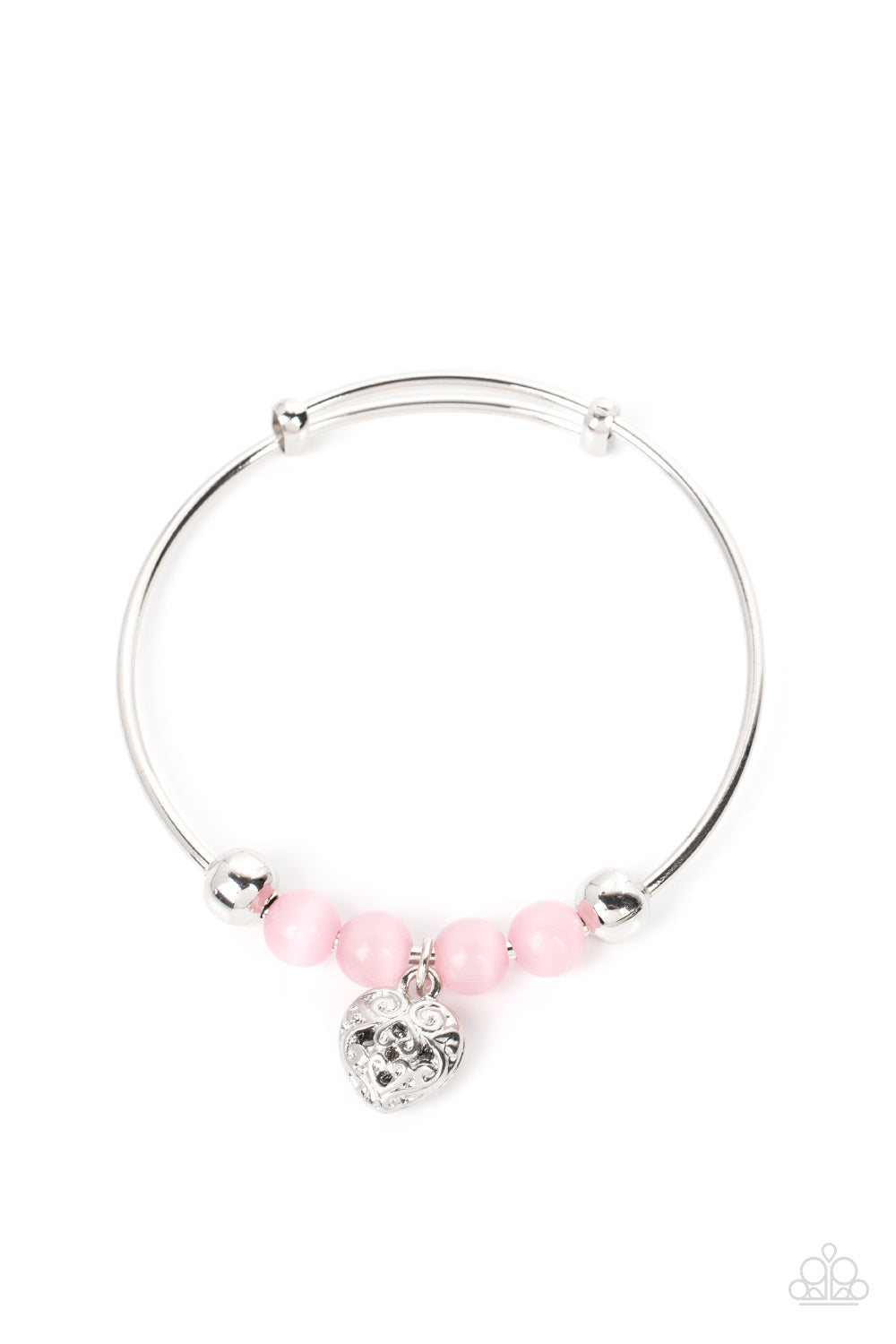 Vintage Vows - Pink Cat's Eye Stone Bead Silver Heart Bangle Bracelet Paparazzi B0895