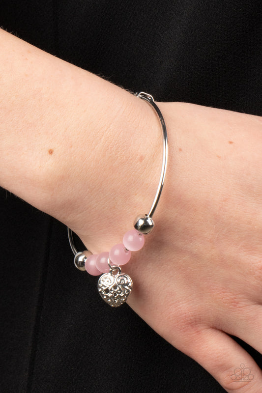 Vintage Vows - Pink Cat's Eye Stone Bead Silver Heart Bangle Bracelet Paparazzi B0895