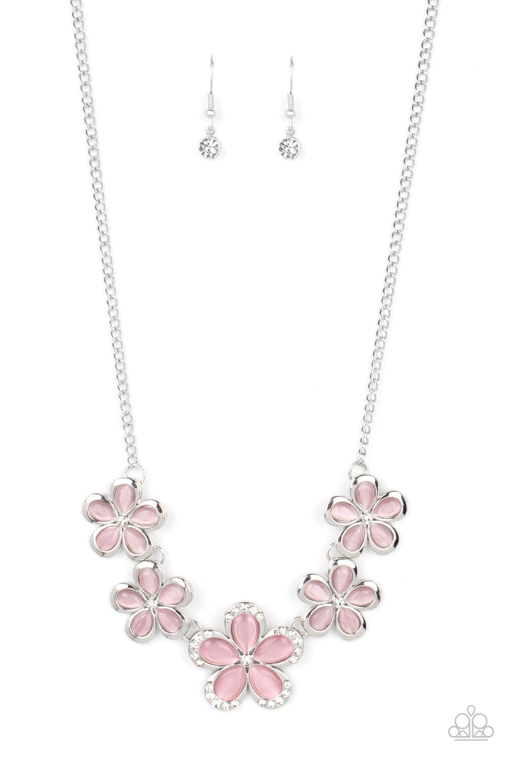 Garden Daydream - Pink Cat's Eye Stone & White Rhinestone Flower Necklace Paparazzi N1482