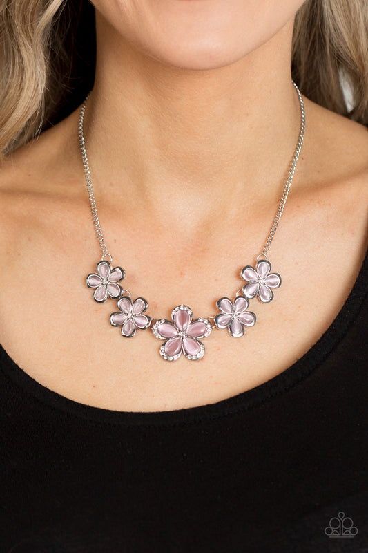 Garden Daydream - Pink Cat's Eye Stone & White Rhinestone Flower Necklace Paparazzi N1482