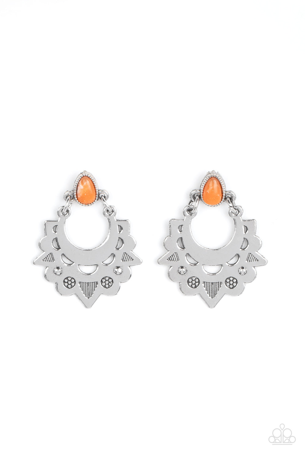 Earthy Zeal - Orange Marbled Stone & Scalloped Silver Frame Earring Paparazzi E1152