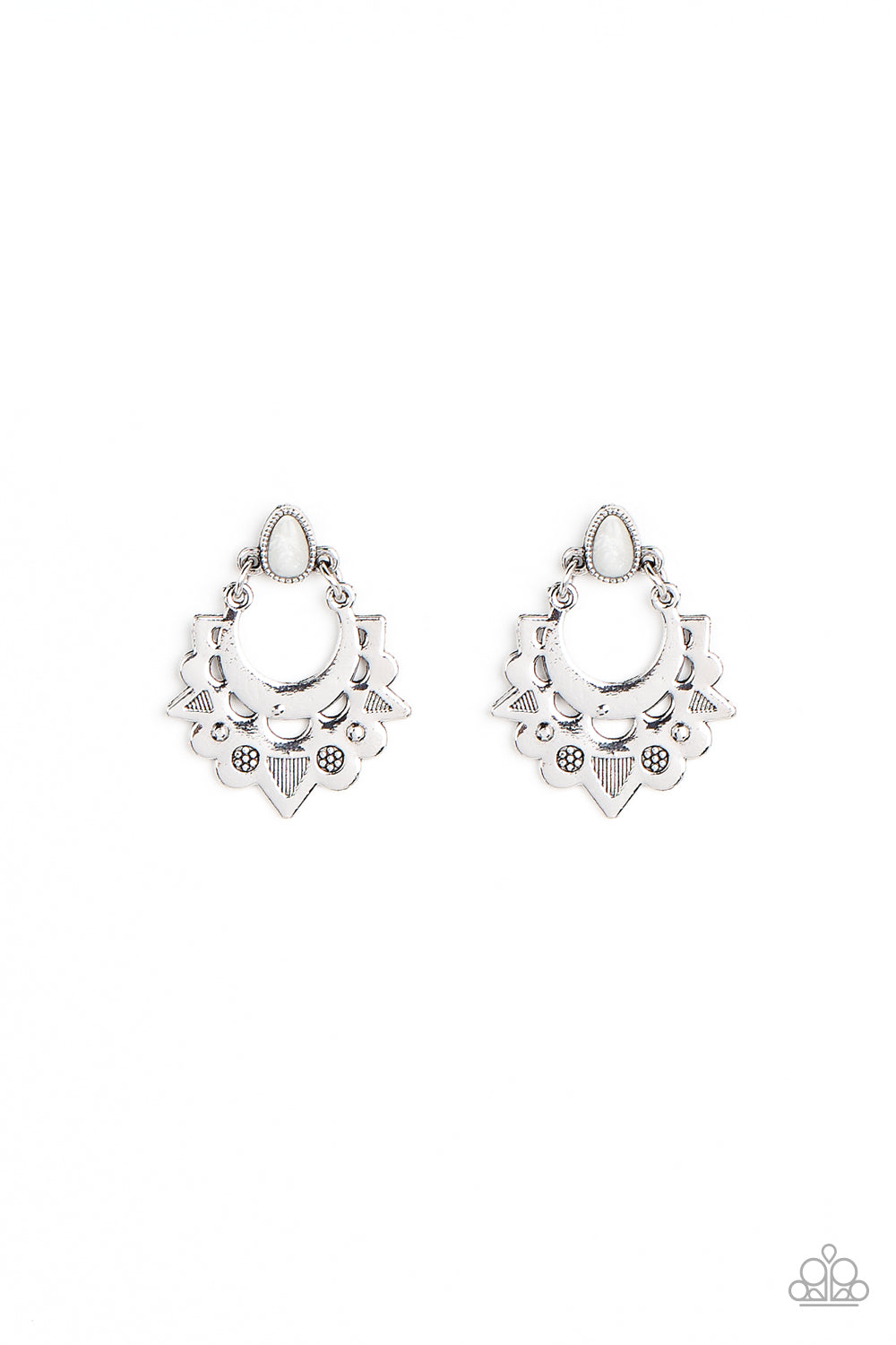 Earthy Zeal - White Floral Scalloped Silver Post Earring Paparazzi E1009