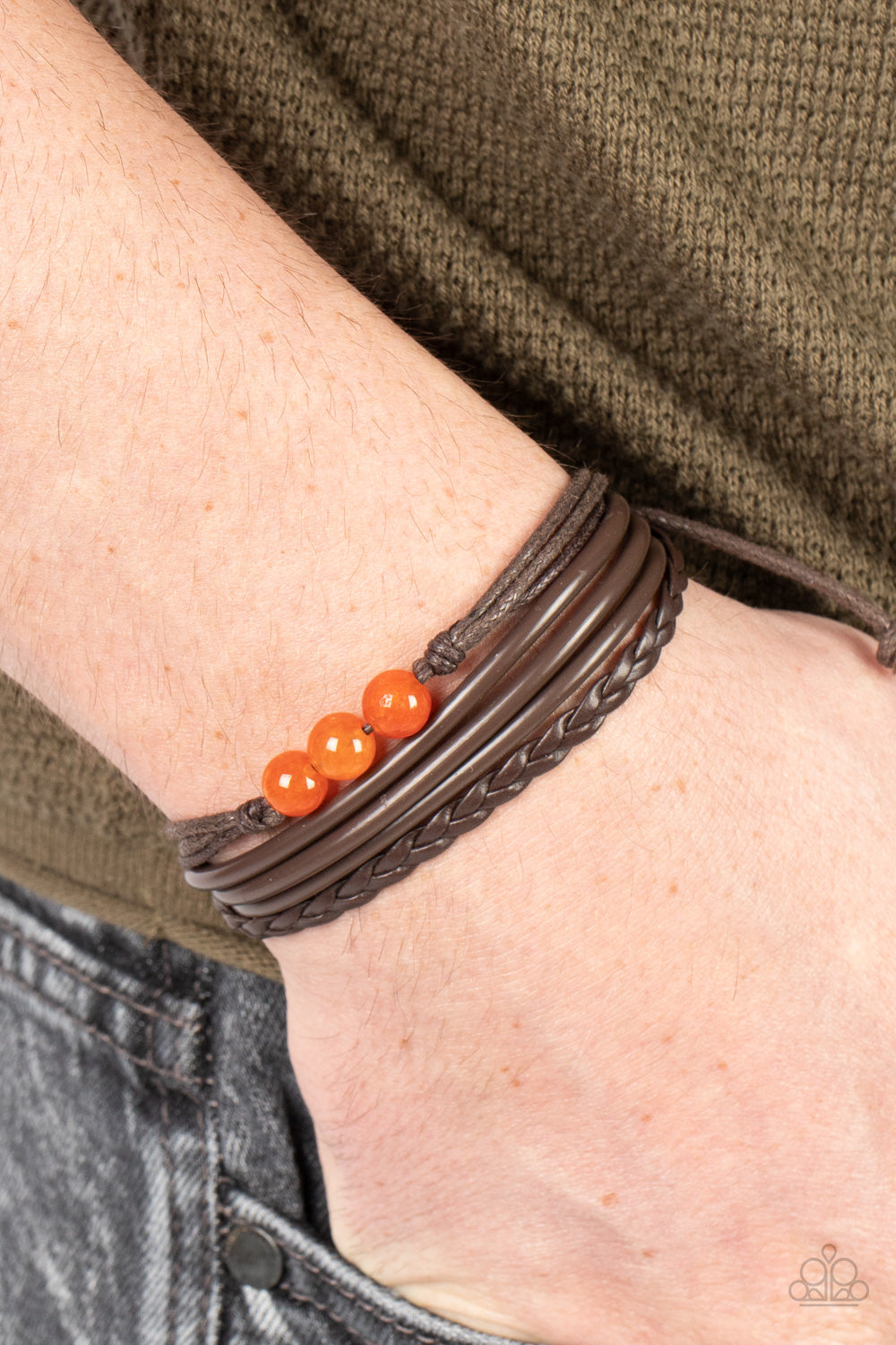 Rest Easy - Orange Citrine Stone Brown Leathery Cord Urban Bracelet Paparazzi B1022