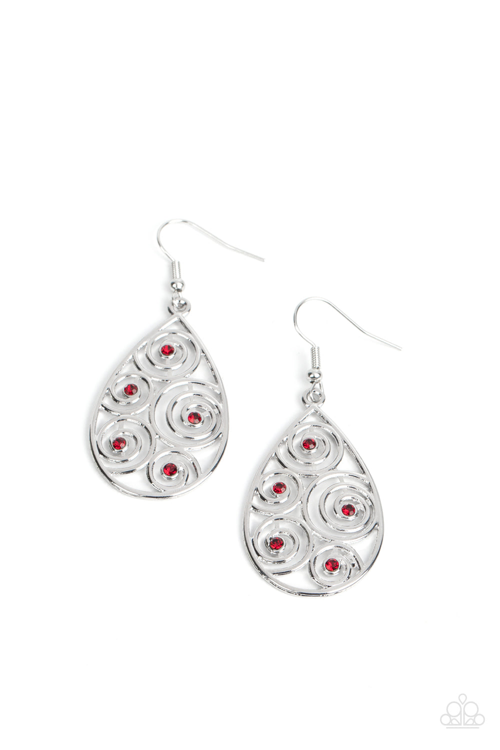 Billowy Bliss - Red Rhinestone Silver Teardrop Earring Paparazzi E1997