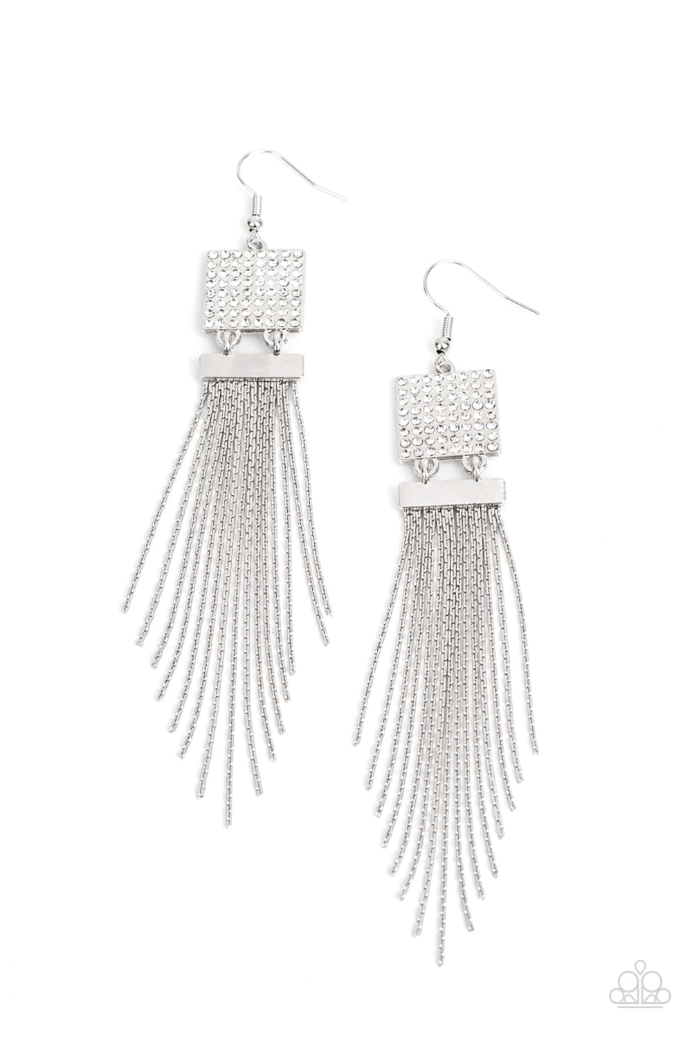 Dramatically Deco - White Rhinestone Silver Chain Earring Paparazzi E0939