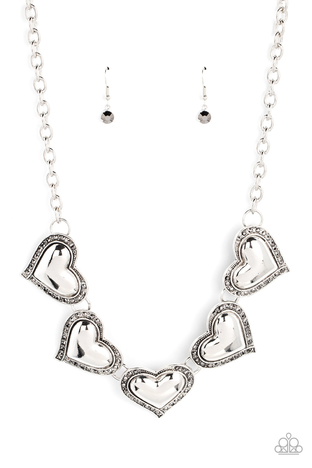 Kindred Hearts - Silver Hematite Rhinestone Heart Necklace Paparazzi N0948