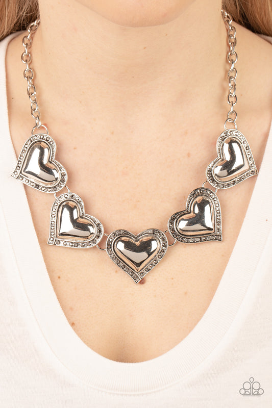 Kindred Hearts - Silver Hematite Rhinestone Heart Necklace Paparazzi N0948