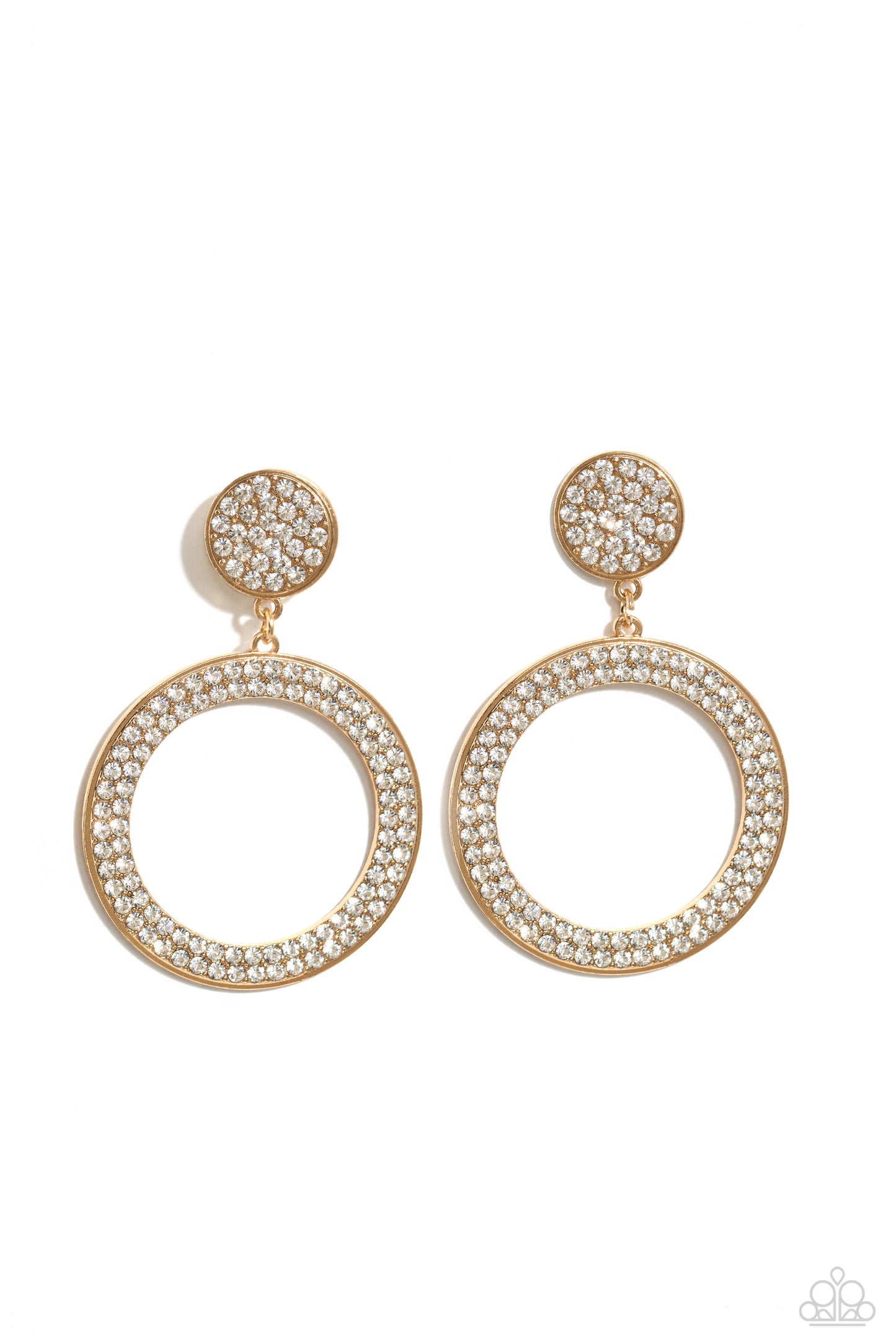 GLOW You Away - Gold Hoop White Rhinestone Post Back Earring Paparazzi E1594