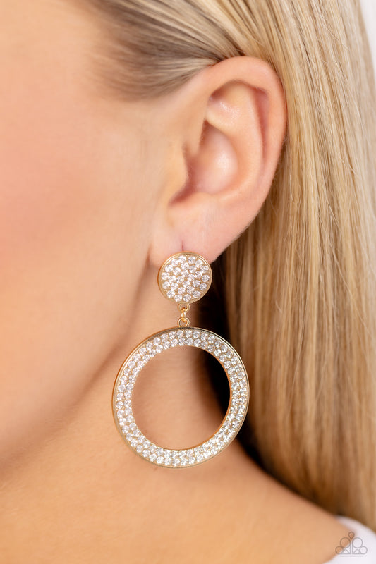 GLOW You Away - Gold Hoop White Rhinestone Post Back Earring Paparazzi E1594