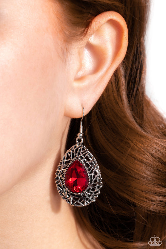 Nest Nouveau - Red Teardrop Gem Silver Earring Paparazzi E1801