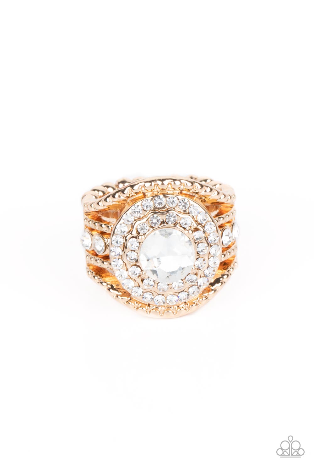 Understated Drama - Gold & White Rhinestone Ring Paparazzi R0468