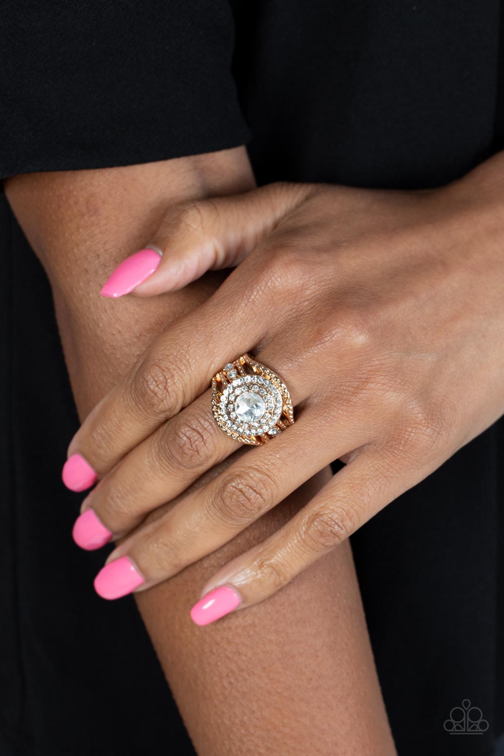 Understated Drama - Gold & White Rhinestone Ring Paparazzi R0468