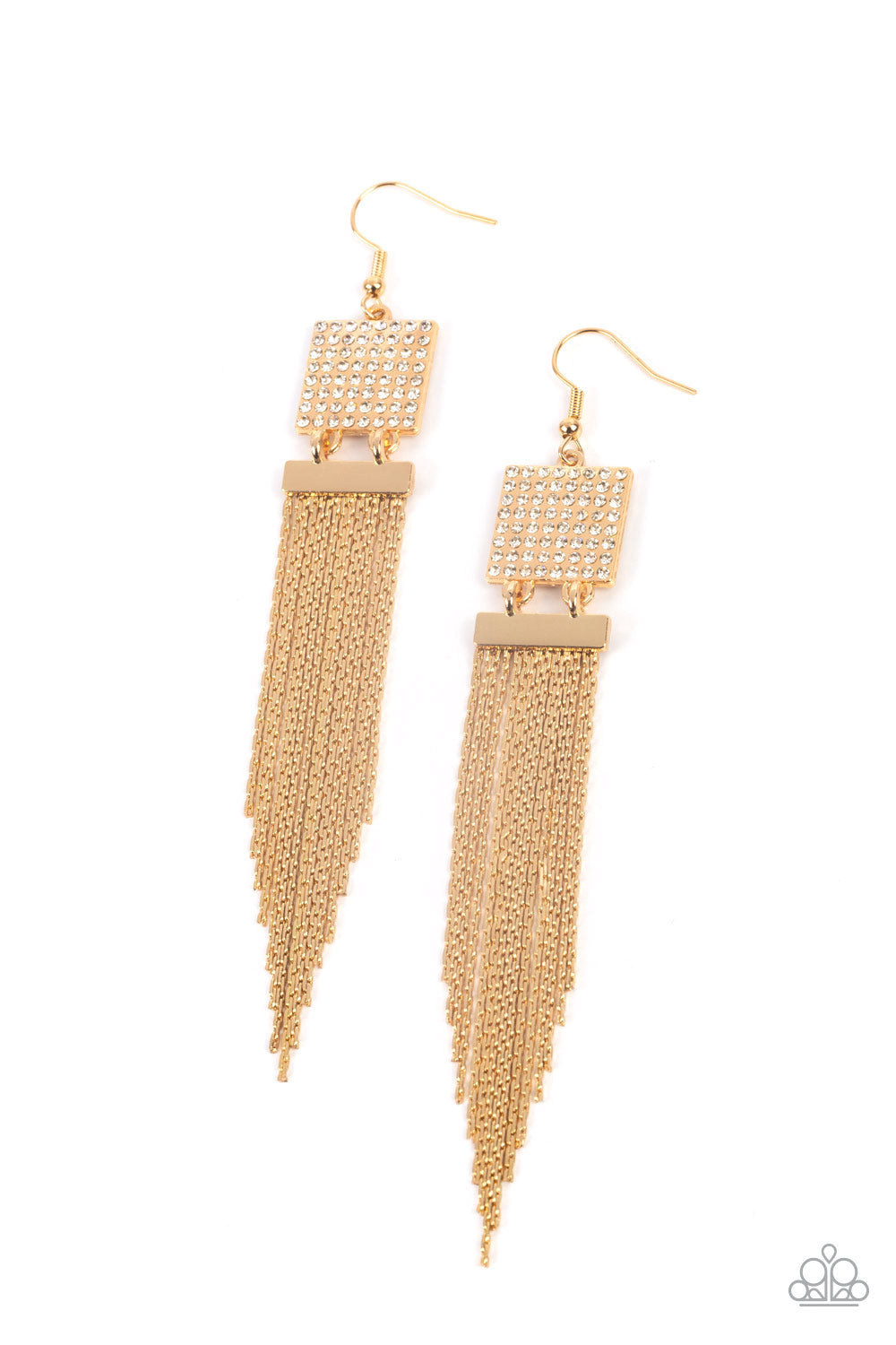 Dramatically Deco - Gold Chain White Rhinestone Earring March 2022 Life Of The Party Paparazzi E0549