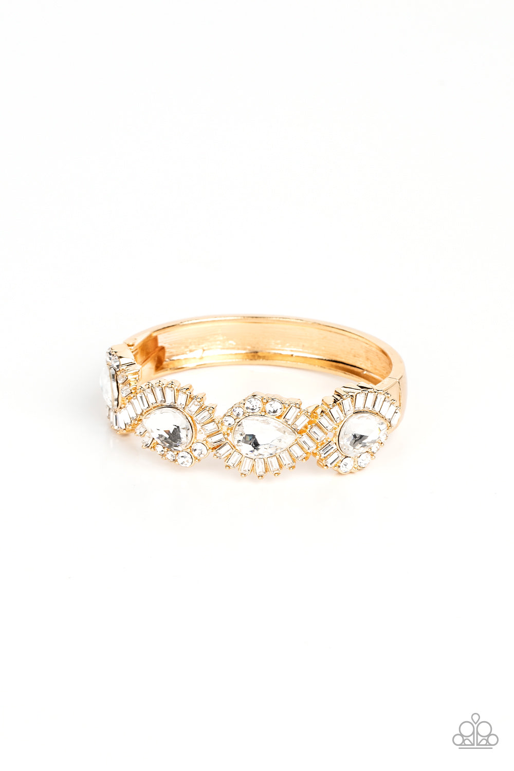 For the Win - Gold Bangle White Rhinestone Hinge Bracelet Paparazzi B0783