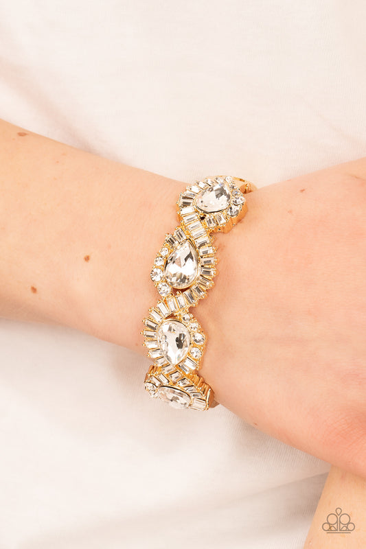 For the Win - Gold Bangle White Rhinestone Hinge Bracelet Paparazzi B0783