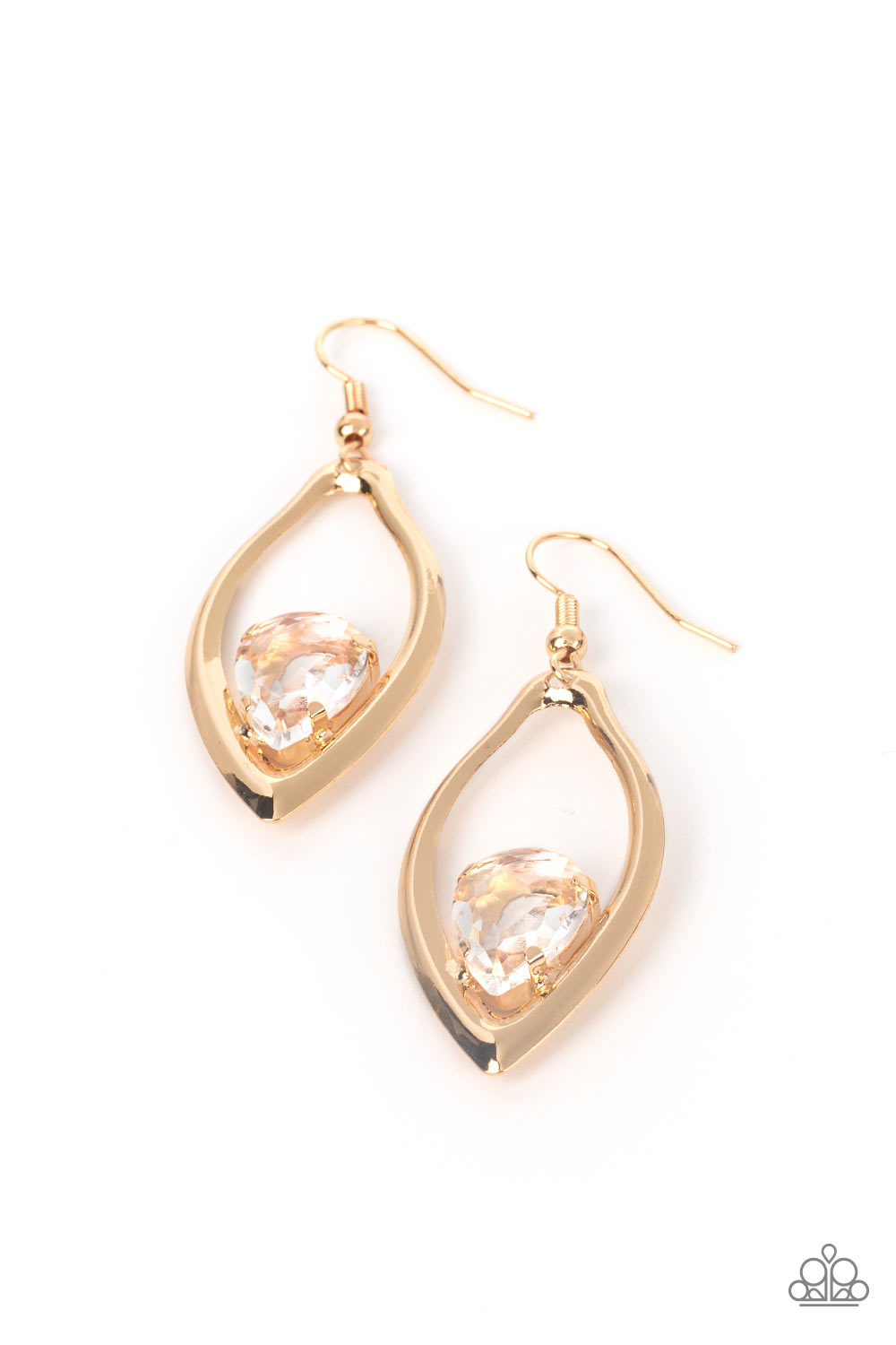 Beautifully Bejeweled - Gold Teardrop White Gem Earring Paparazzi E1260