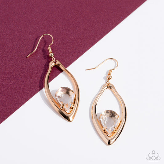 Beautifully Bejeweled - Gold Teardrop White Gem Earring Paparazzi E1260