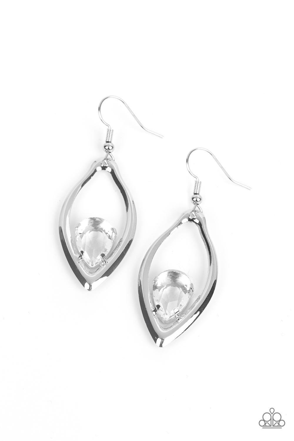 Beautifully Bejeweled - White Teardrop Gem Silver Earring Paparazzi E1269