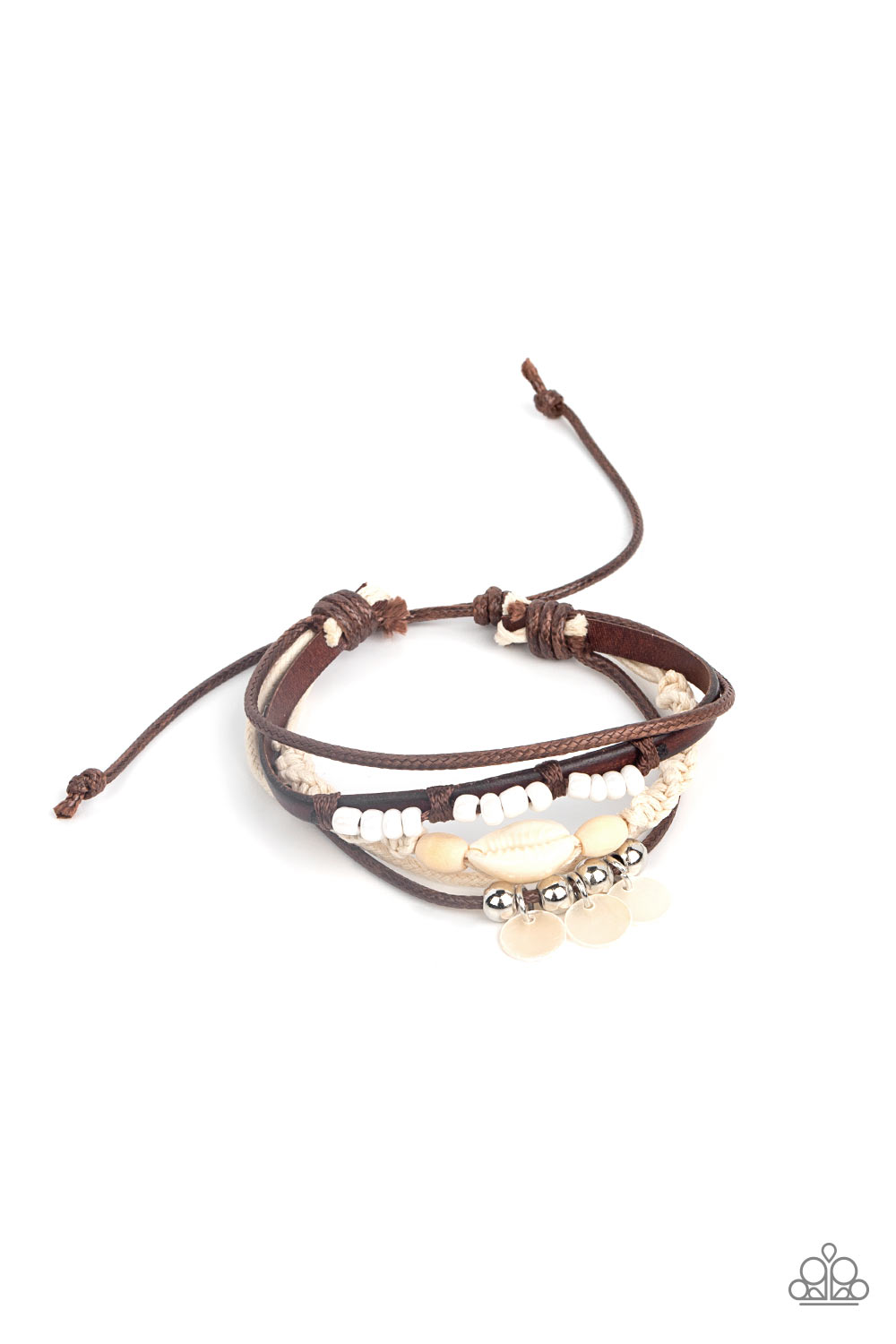 Tidal Dream - White Seed Bead, Shells, Brown Leather Urban Bracelet Paparazzi B1218