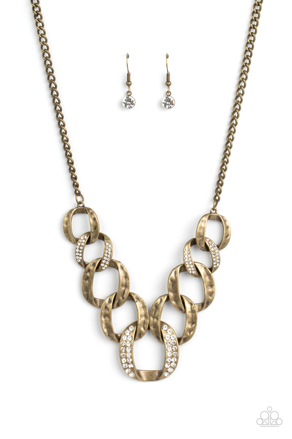 Bombshell Bling - Brass Hammered Texture White Rhinestone Necklace Paparazzi N1023