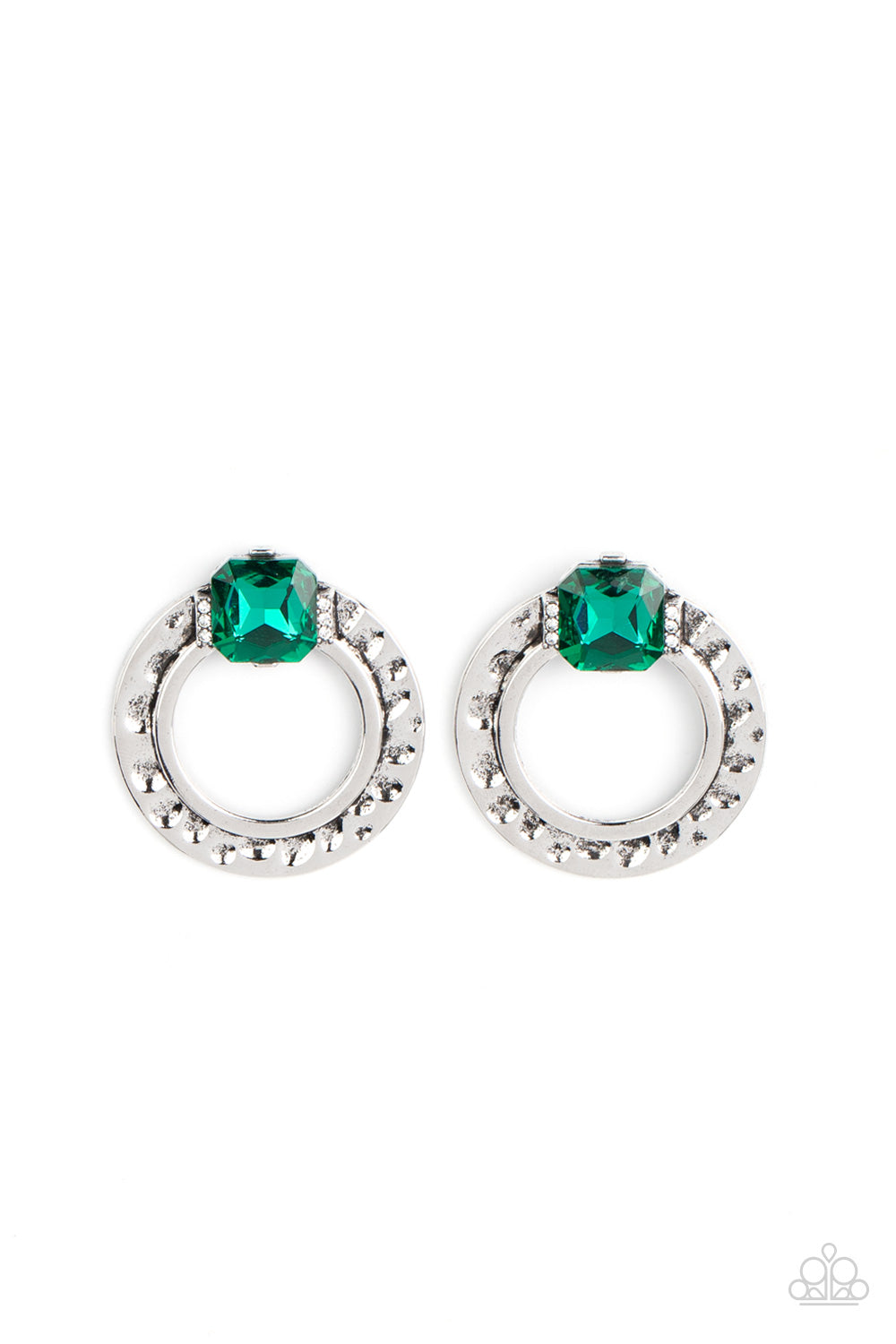 Smoldering Scintillation - Green And White Rhinestone Silver Post Back Earring Paparazzi E0837