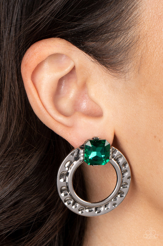 Smoldering Scintillation - Green And White Rhinestone Silver Post Back Earring Paparazzi E0837