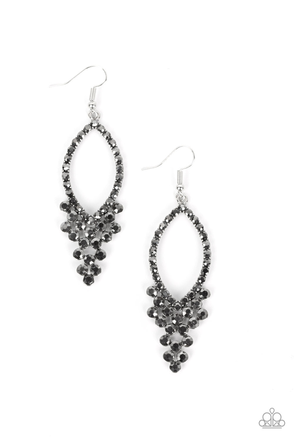 GLOWING off the Deep End - Silver Hematite Teardrop Rhinestone Earring Paparazzi E1022